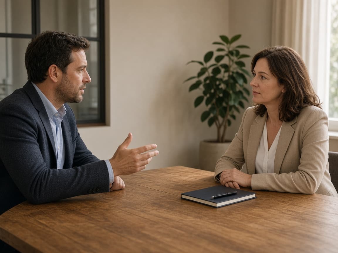 Two colleagues talking through a client referral